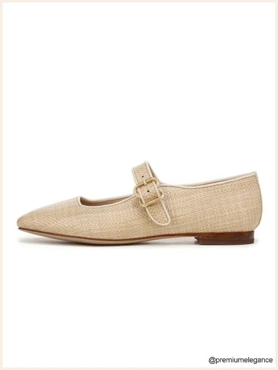 Raffia Square Toe Buckle Strap Ballet Flats Comfortable Dress Shoes