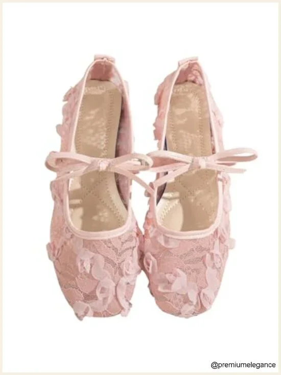 Women's Floral Lace Mesh Ballet Flats Comfortable Dressy Square Closed Toe Bow