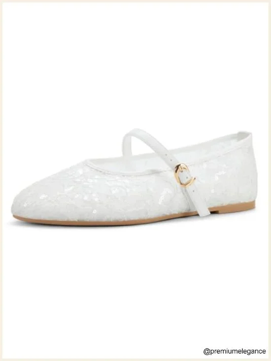 Women's Lace Mesh Ballet Flats Mary Jane Ankle Strap Ballerina Shoes