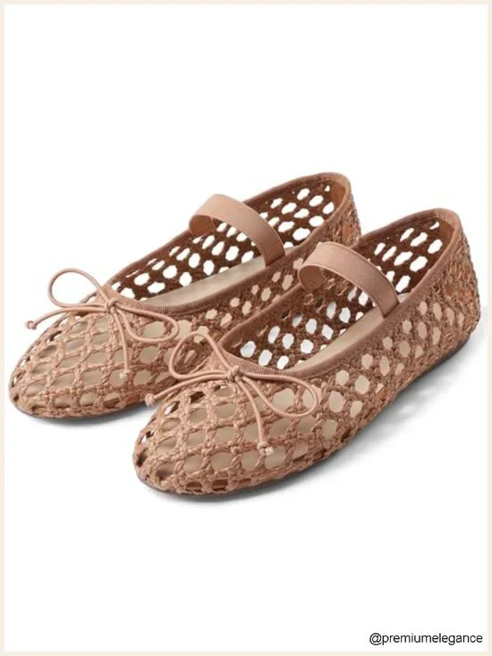 Woven Raffia Ballet Flats with Elastic Strap, Round Toe Mary Jane Flats