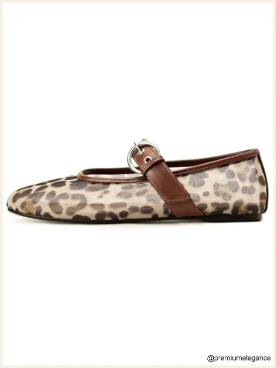 Women's Mesh Ballet Flats Round Toe Leopard Mary Jane Shoes Cushioned Comfort