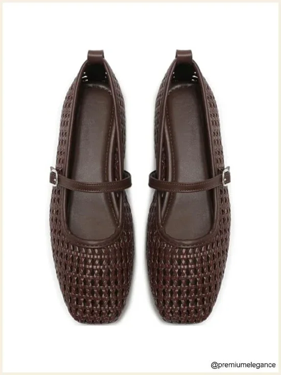 Faux Leather Woven Mary Jane Flats with Adjustable Buckle Strap - Lightweight