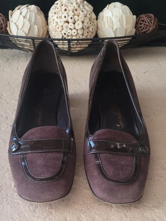 Size 8 B Salvatore Ferragamo Dark Brown Suede Patent Leather Block Heel Pumps