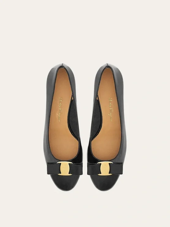 Salvatore Ferragamo Black Leather Vara Bow Flats with Gold Hardware