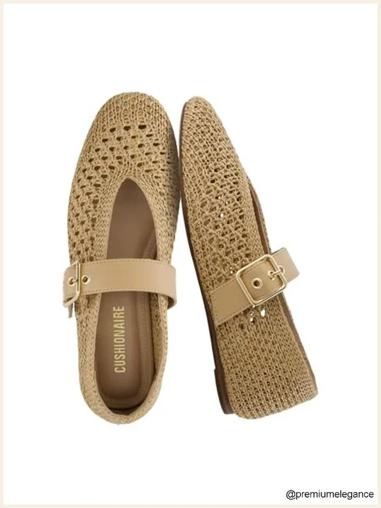 Woven Mary Jane Ballet Flats with Memory Foam Cushioning, Adjustable Gold-Tone