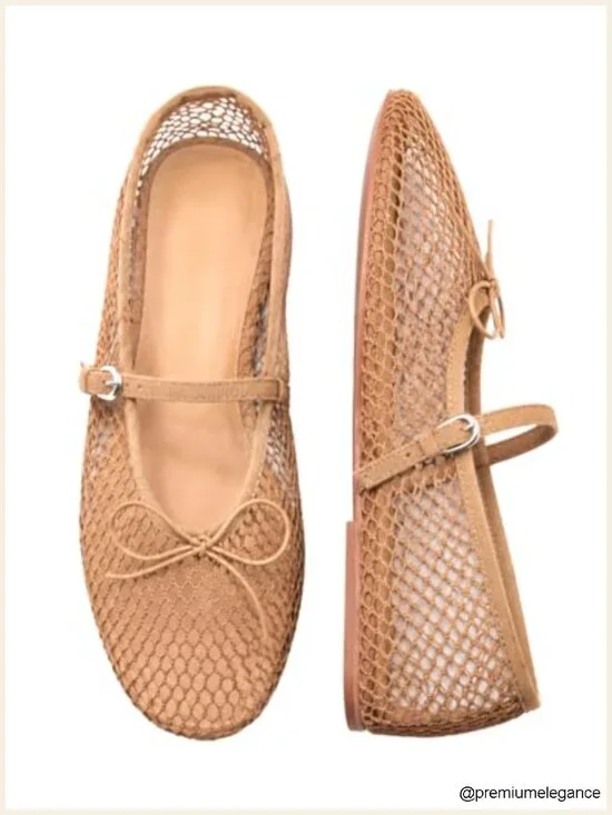 Mesh Ballet Flats Mary Jane with Bow Adjustable Strap Non Slip Breathable