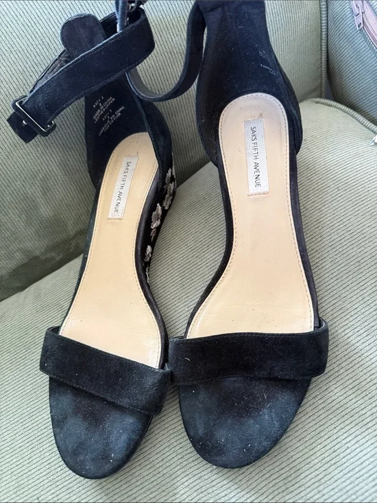 Saks Fifth Avenue Black Suede Floral Embroidered D'Orsay Flats - Women