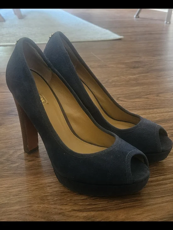 Coach Navy Suede Peep-Toe Platform Pumps