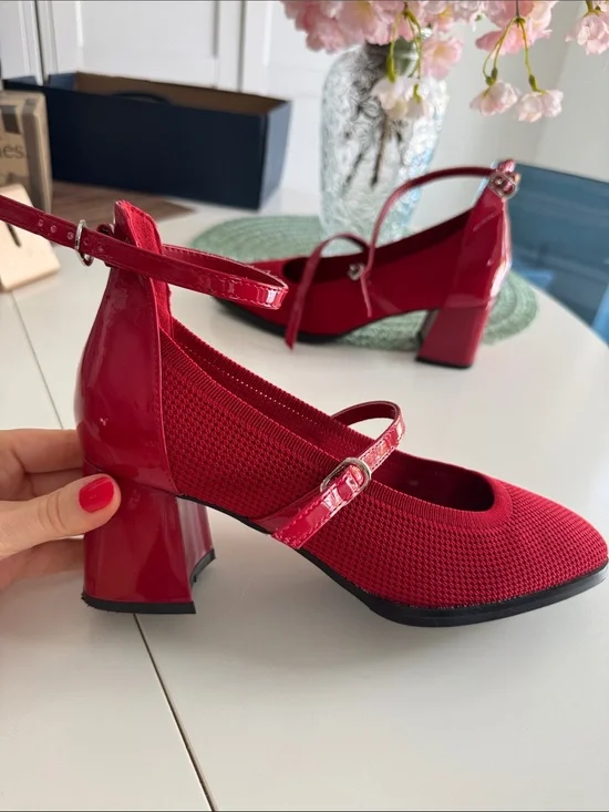 NEWBELLA Red Knit Mary Jane Chunky Heels Square Toe Retro Pumps Size 6.5