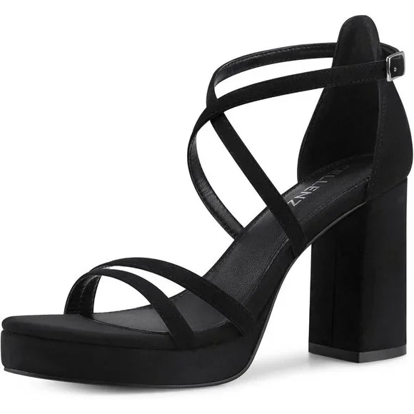 Women's Black-Suede Sandal Stylish Comfortable Chunky Blocked Strappy Heel Shoe