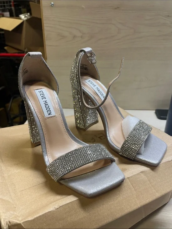 Steve Madden Silver Crystal Embellished Block Heel Sandals #647