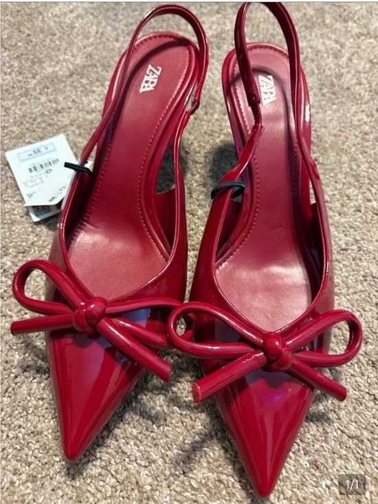 Zara Red Patent Pointed-Toe Bow Slingbacks