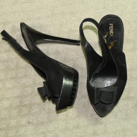 Fendi Black Suede Leather & Ribbon Bow Platform Sling Sandals Size 8 w/ COA