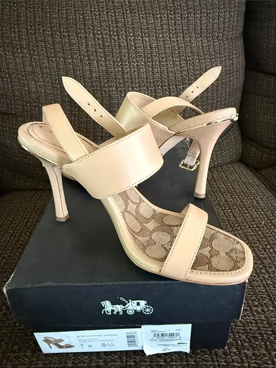 Coach Rori Leather Sandal   Beige/Tan Signature Strap High Heel Sandals