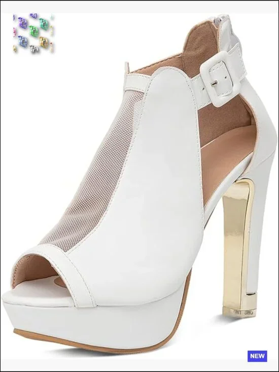 Block Heel Cutout Ankle Booties Peep Toe Back Zipper Chunky High Heel Sandals