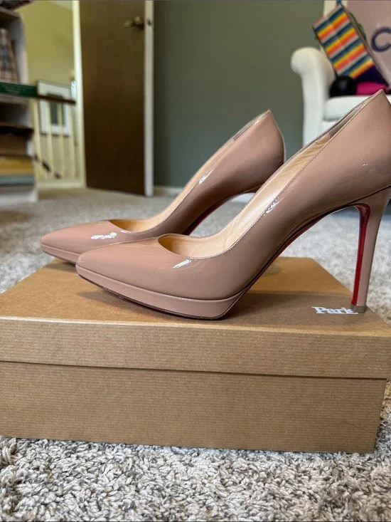Christian Louboutin Nude Patent Leather Pointed-Toe Pumps with Red Soles