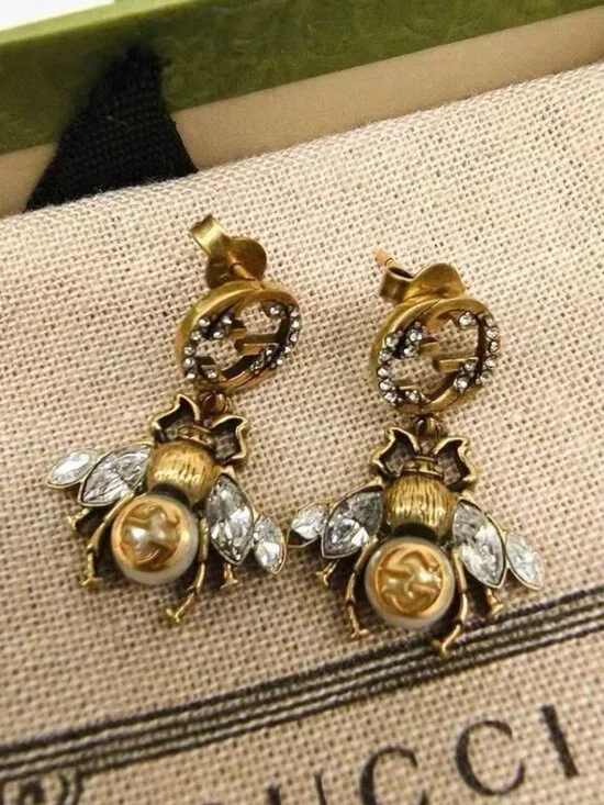 Gucci Vintage Bee Interlocking GG Crystal Drop Earrings