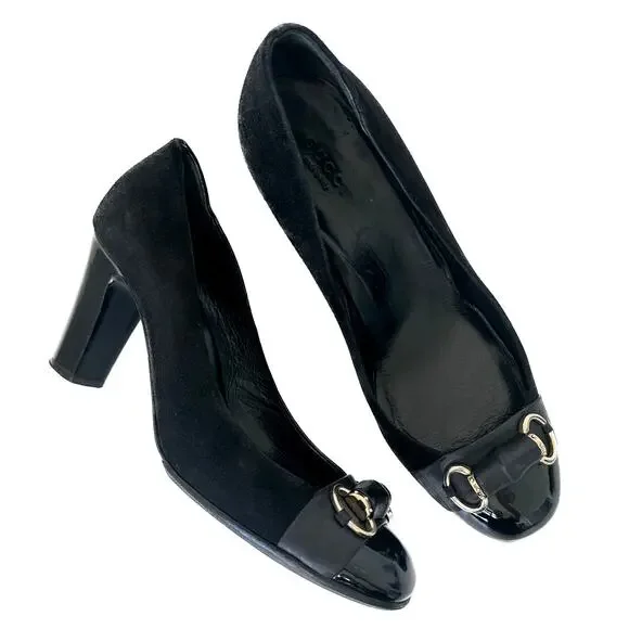 Gucci Classic Black Suede Pumps Bamboo Horsebit Cap Toe IT 39