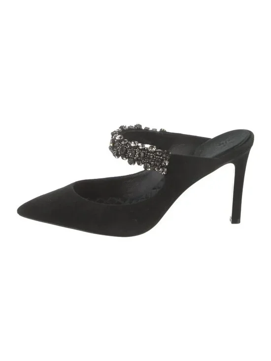 Tory Burch Black Suede Crystal Embellished Pointed Toe Mule Stiletto Heel Size 9
