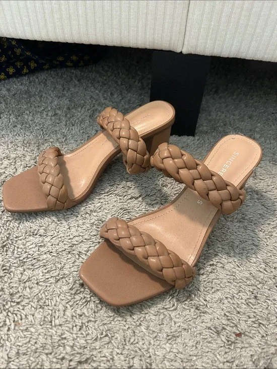 Sincerely Jules Braided Double-Strap Tan Slide Heels