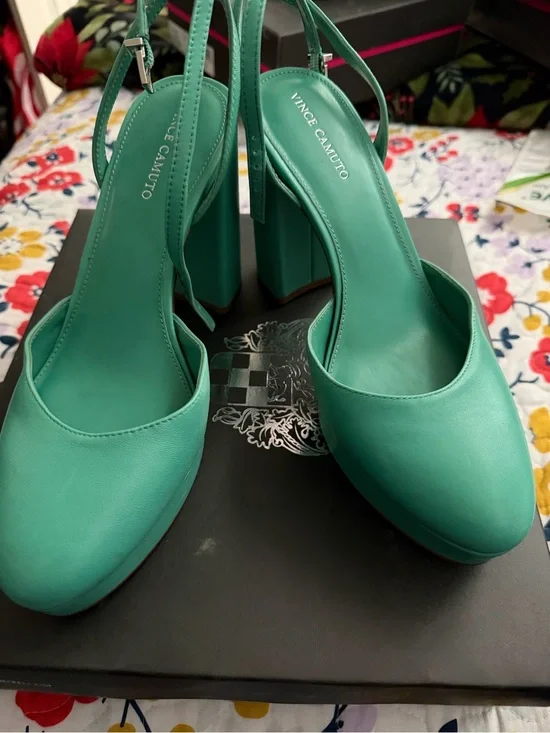 Vince Camuto Emerald Green Block Heel Slingback Pumps