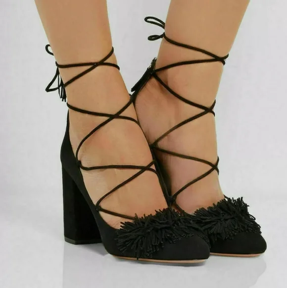 Aquazzura Black Suede Tassel Accents Pumps