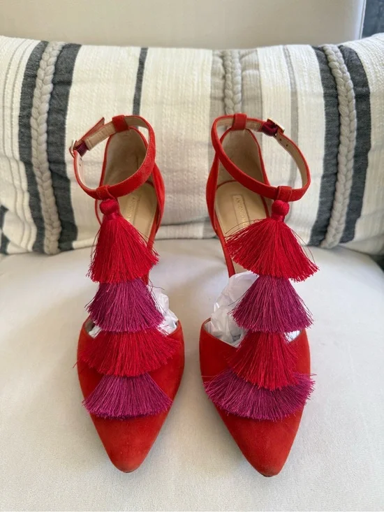 ANTONIO MELANI Red Suede Pointed Tassel Ankle-Strap Heels