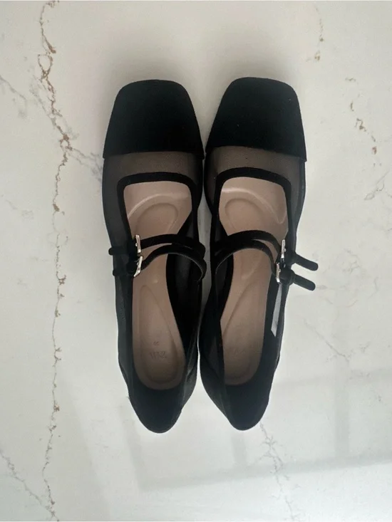Zara Black Mesh Mary Jane Heels with Square Toe Cap