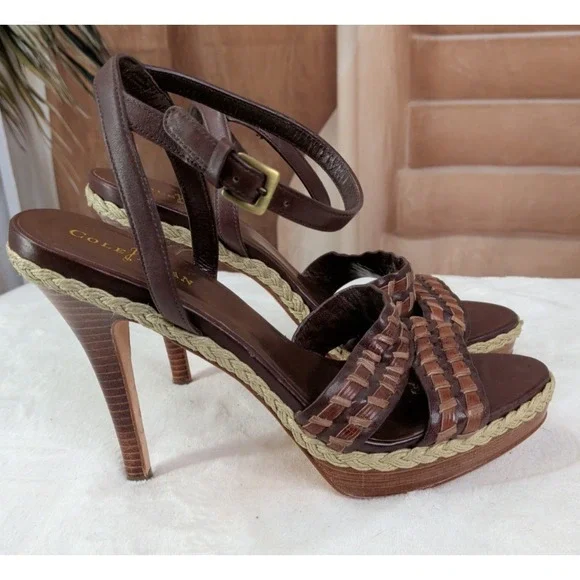 Cole Haan Vanessa Brown Woven Leather Platform Stiletto Heeled Sandals