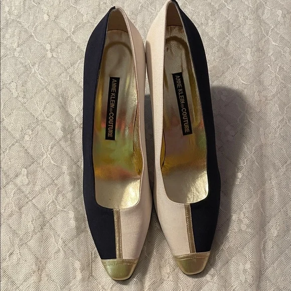 Anne Klein Navy and Cream, 3” Heels with gold accents.