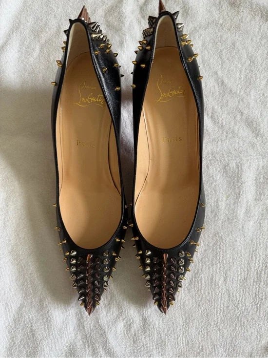 Christian Louboutin Black Pointed Spike-Embellished heels 3 inches - size 38.5