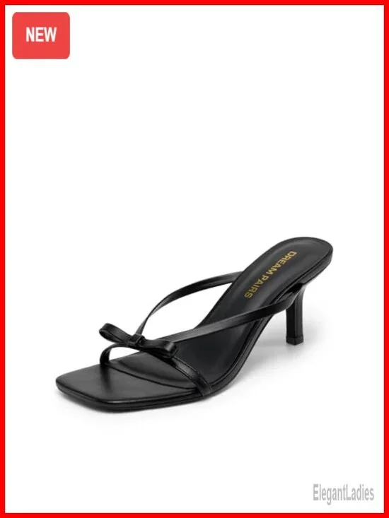 Kitten Heel Mule Sandals with Bow Thong Strap, Square Toe Slip On Dress Heels