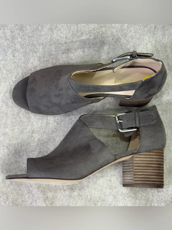 Nine West Chic Vegan Suede Gray Open-Toe Block Heel Sandals - Women Sz 9 NWT