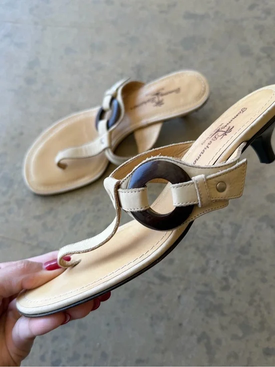 Tommy Bahama Cream T-Strap Heeled Sandals with Brown Ring Accent