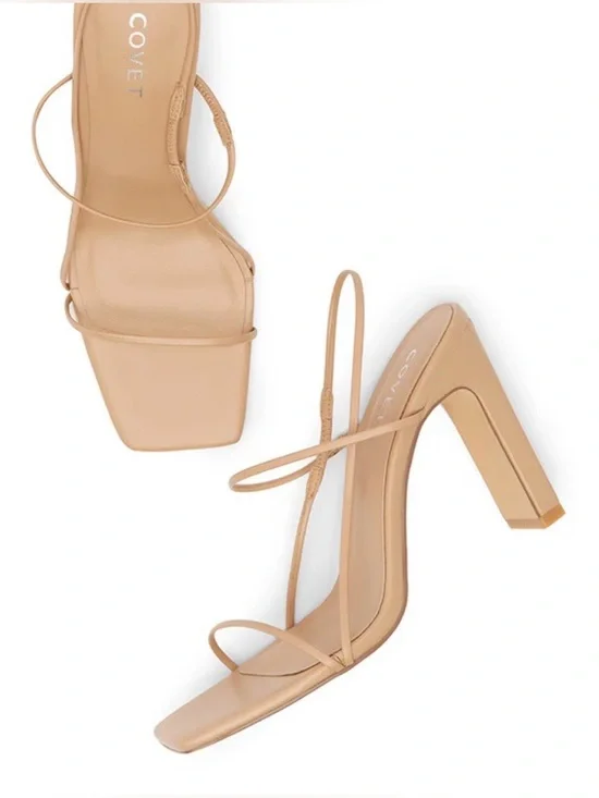 COVET Madison Strappy Nude Square-Toe Block Heel