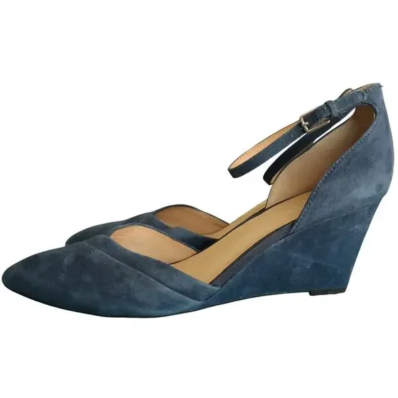 Franco Sarto Fay Blue Suede Wedge Heel Pump Ankle Strap Pointed Toe