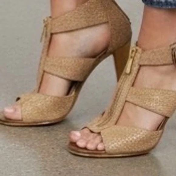 Michael Kors Snakeskin Embossed Leather Cage Sandals Tan Gold Zip Heels Size 8