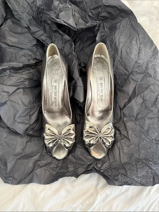 Bruno Magli Metallic Silver Bow Peep-Toe Heels