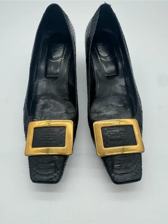 Vintage Roger Vivier Paris Black Python Gold Buckle Pumps EU 40 Luxury Heels