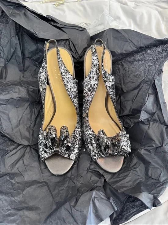 kate spade Silver Sequin Ruffle Slingback Heels