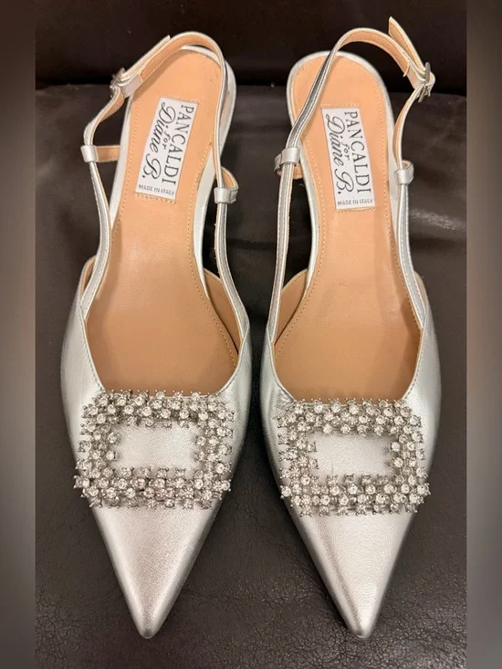 Pancaldi Diane S. Silver Pointed Slingback Heels with Crystal Buckle