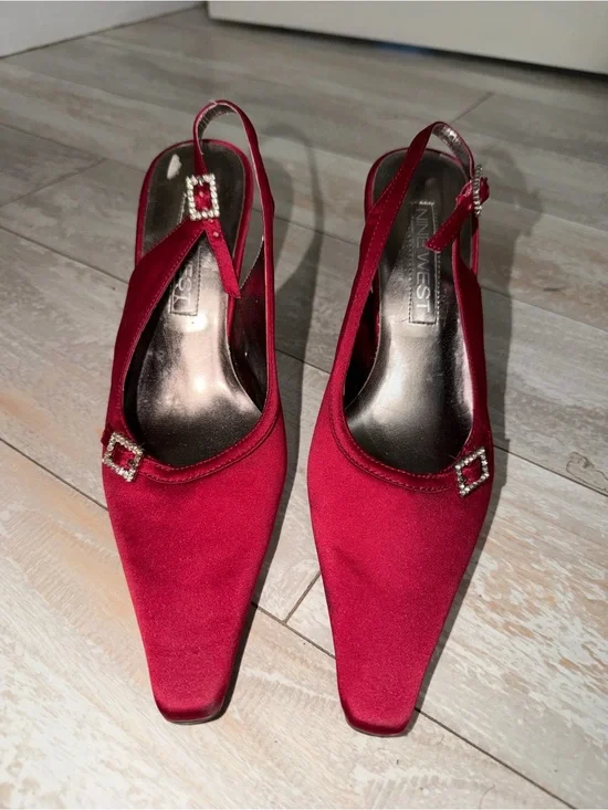 Nine West Crimson Satin Slingback Pumps with Rhinestone Buckles