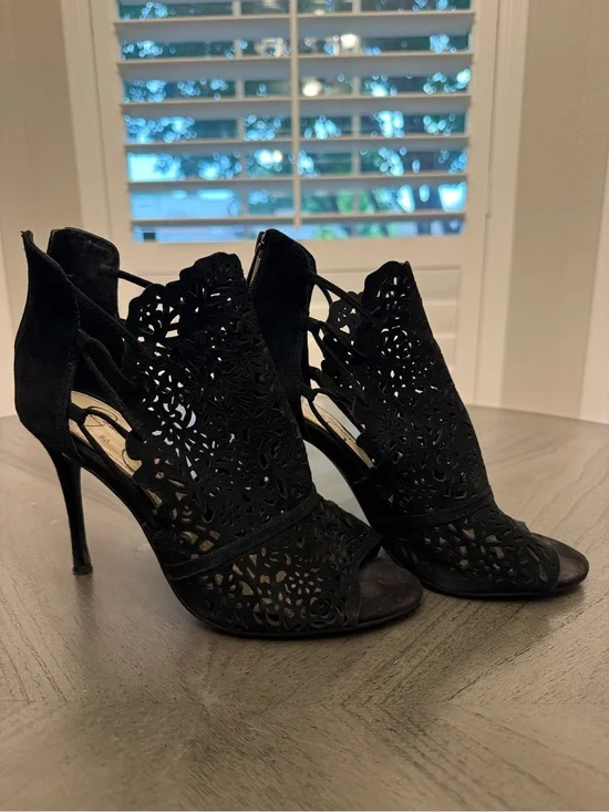 Black Laser-Cut High Heel Sandals - Size 7