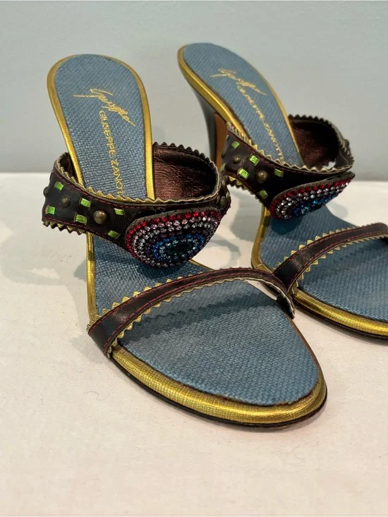Giuseppe Zanotti Denim Slide Heels with Multicolor Crystal Detail