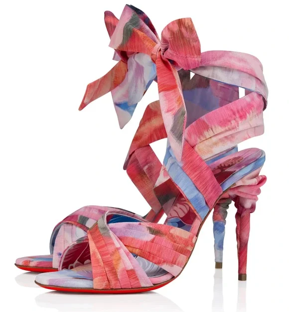 Christian Louboutin Affabula Lace Up 100 Pink Floral Tie Sandal Heel Pump 37