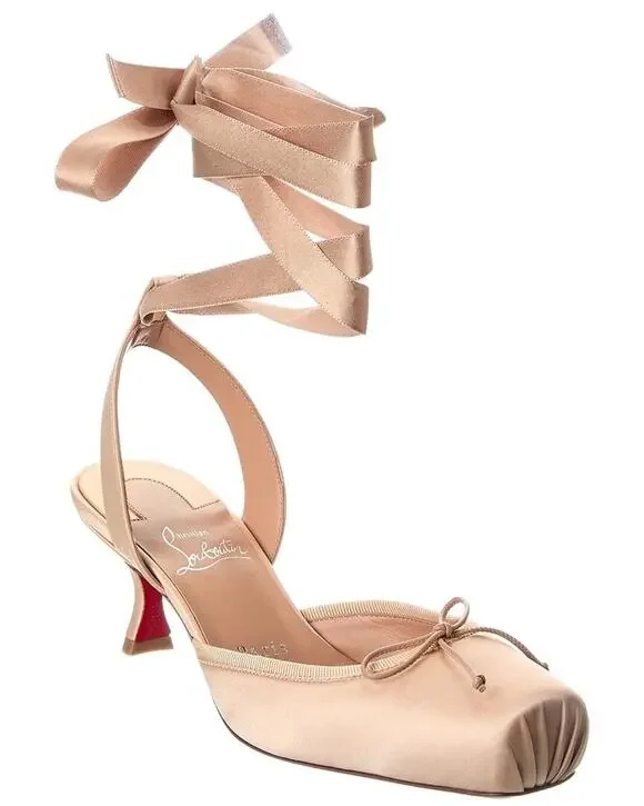 Christian Louboutin Cassia Lace Up 55 Blush Nude Ballet Sandal Heel Pump 37