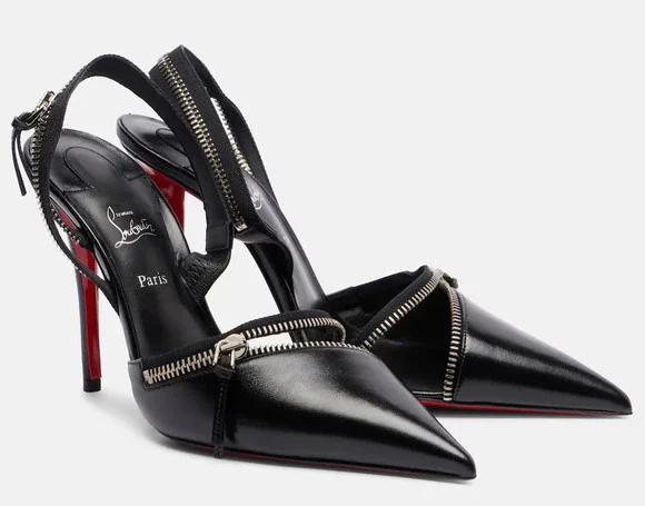 Christian Louboutin Slingyzip 100 Black Leather Zipper Slingback Heel Pump 36