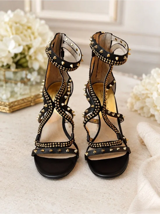 Stunning Michael Kors Brown Studded Crystal Leather Heels Sandals 8.5M (NWOB)