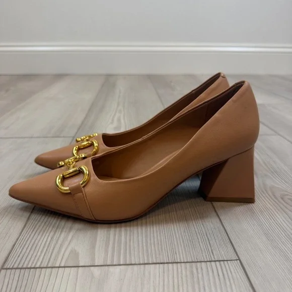 Jeffrey Campbell Tan Leather Pointed Toe Horsebit Block Heel Pumps Womens 7.5