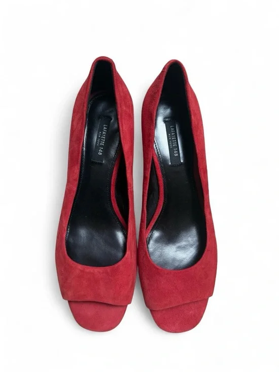 Lafayette 148 New York Crimson Red Suede Peep-Toe Pumps